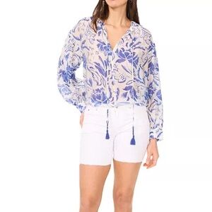 Vince Camuto Women's Printed Tie-Front Top blue & white size large